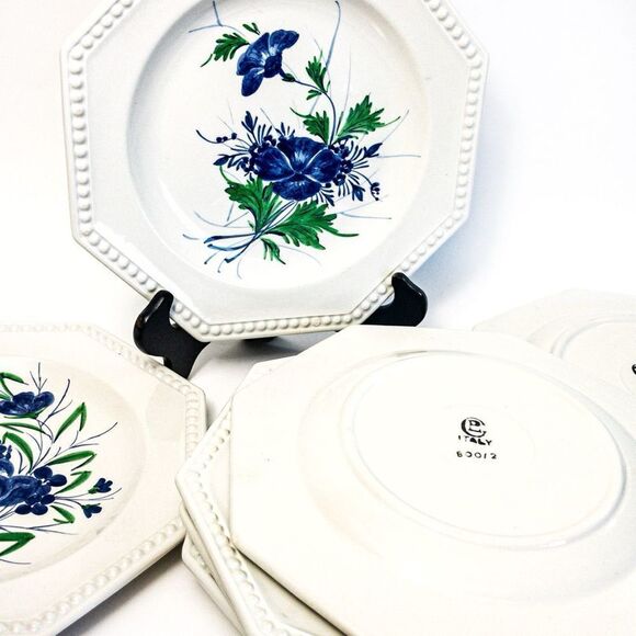 VTG Gialletti Pimpinelli Earthenware Plates Blue Floral Italy Set of 8 - Picture 6 of 12